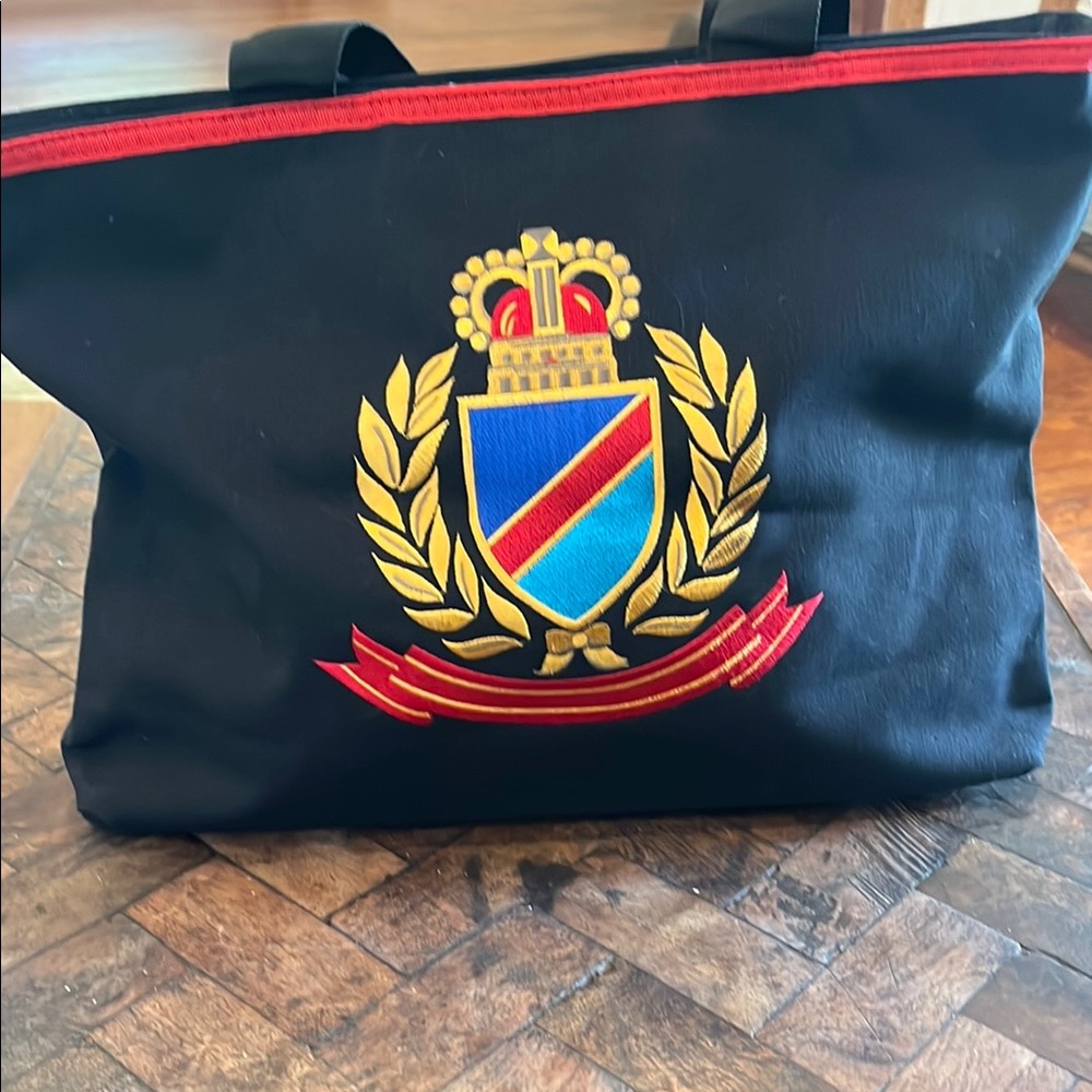 NEW Black Zippered Tote Bag with Embroidered Crest NWOT